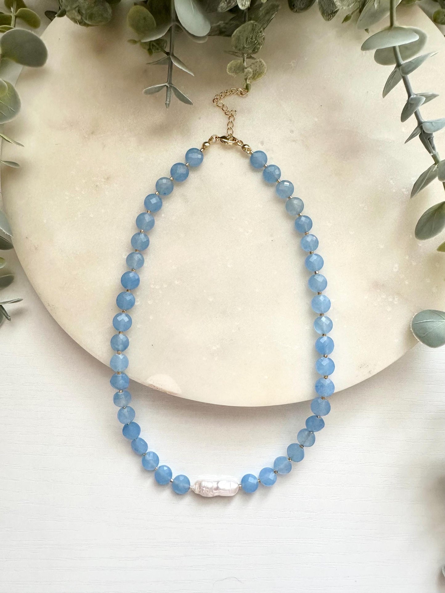 Blue Jade & Freshwater Biwa Pearl Necklace, Blue Gemstone Necklace, Pearl Statement Necklace