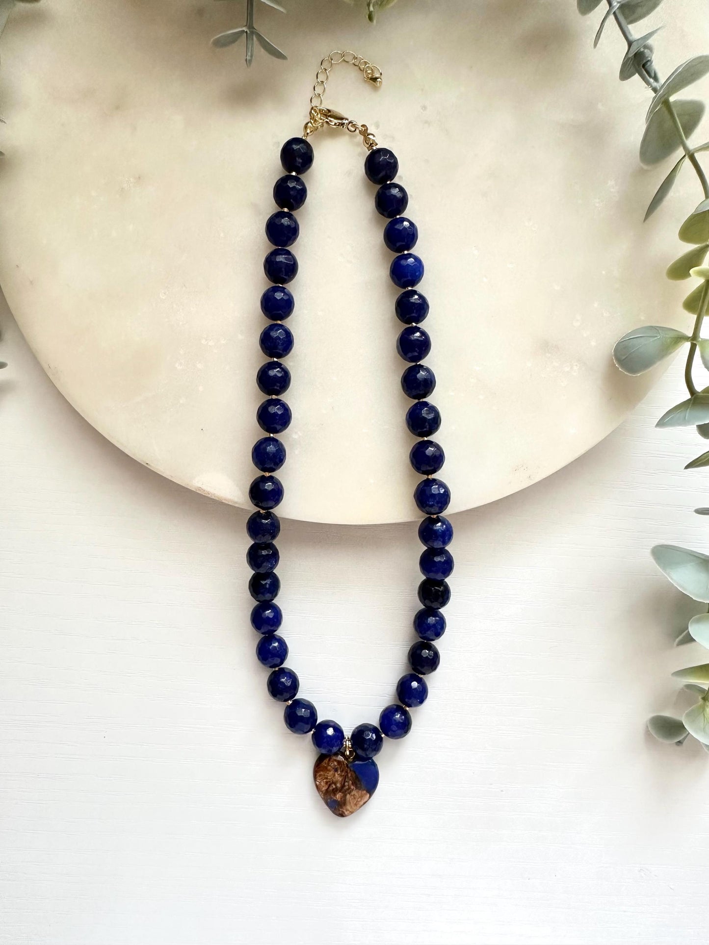 Royal Blue Jade Heart Necklace, Blue Heart Pendant Necklace, Faceted Jade Necklace, Gold Filled Necklace, Blue Statement Necklace