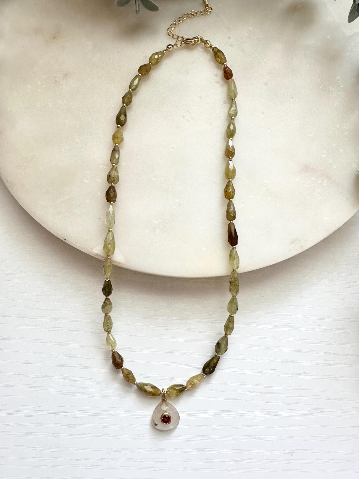 Tsavorite Garnet Necklace, Rutilated Quartz Pendant Necklace, Green Garnet Jewelry, Gold Filled Gemstone Necklace