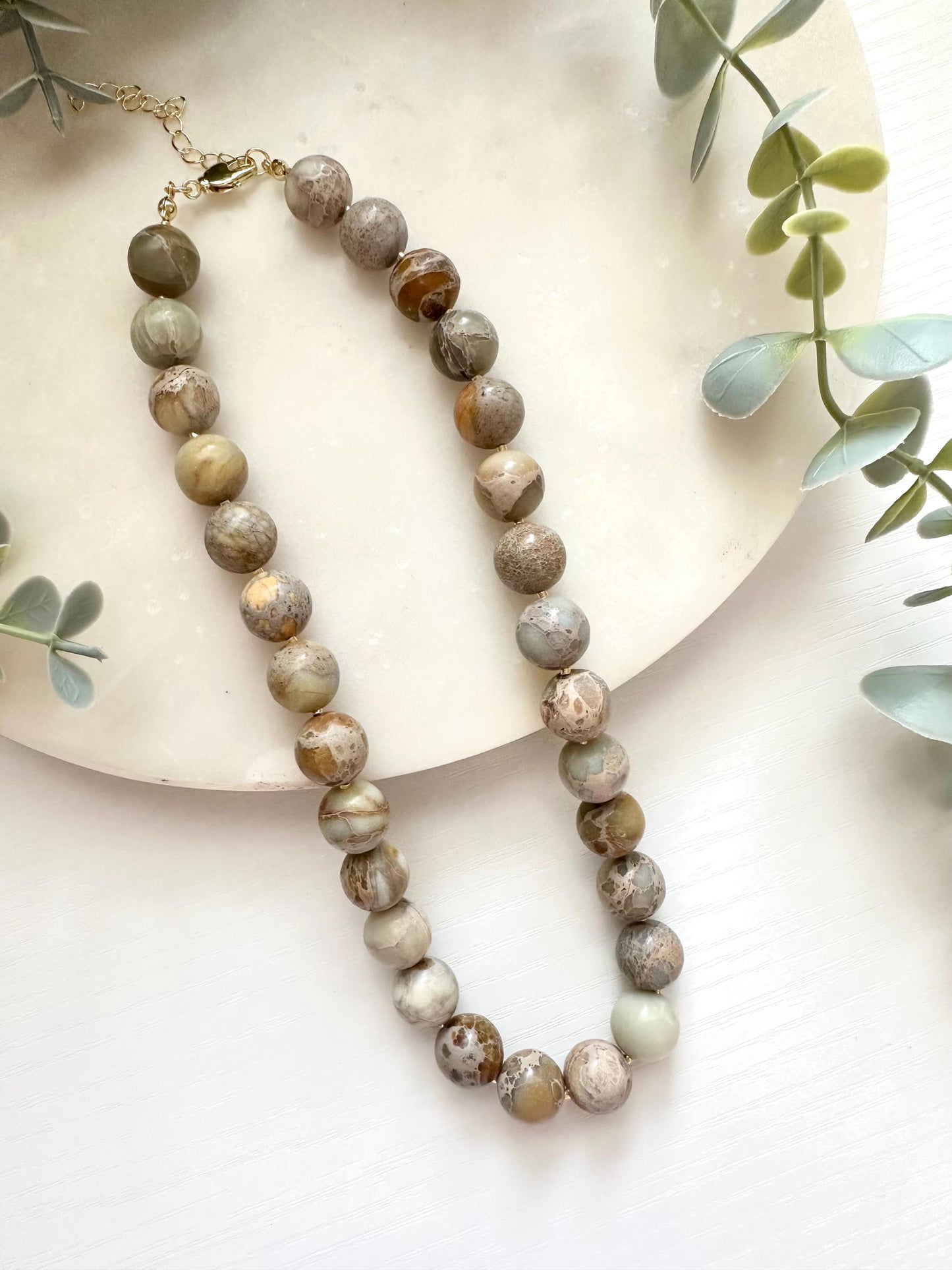 Aqua Terra Jasper Necklace, 12mm Jasper Bead Necklace, Earth Tone Gemstone Necklace, Sage Green Jewelry,