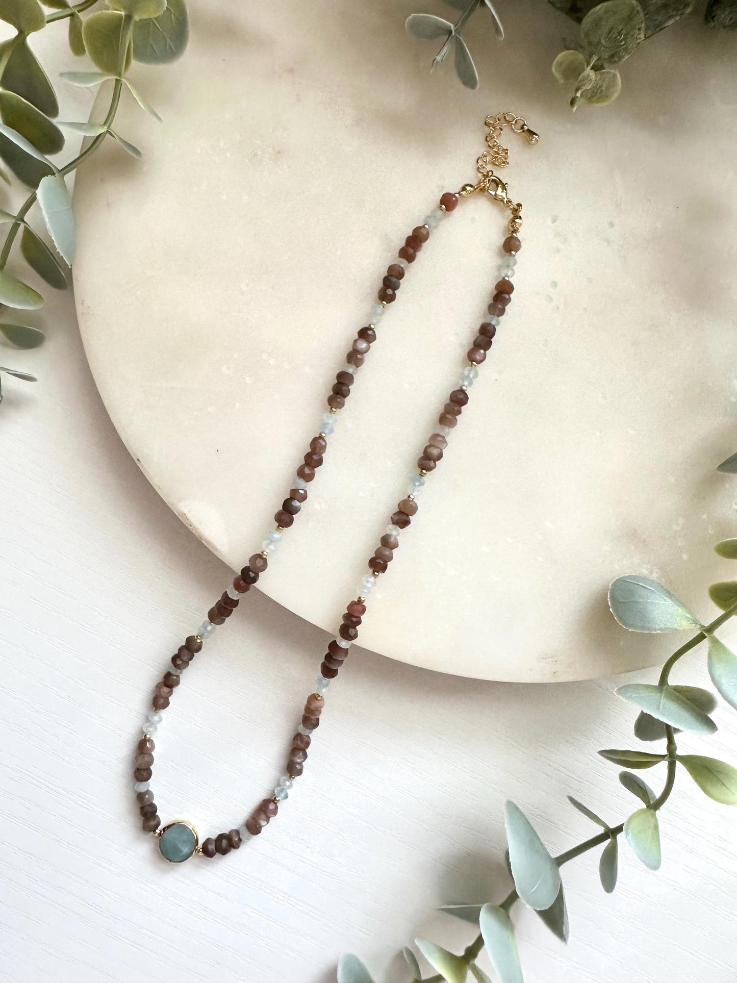 Chocolate Moonstone & Aquamarine Necklace, Aquamarine Pendant Necklace, Brown Moonstone Necklace