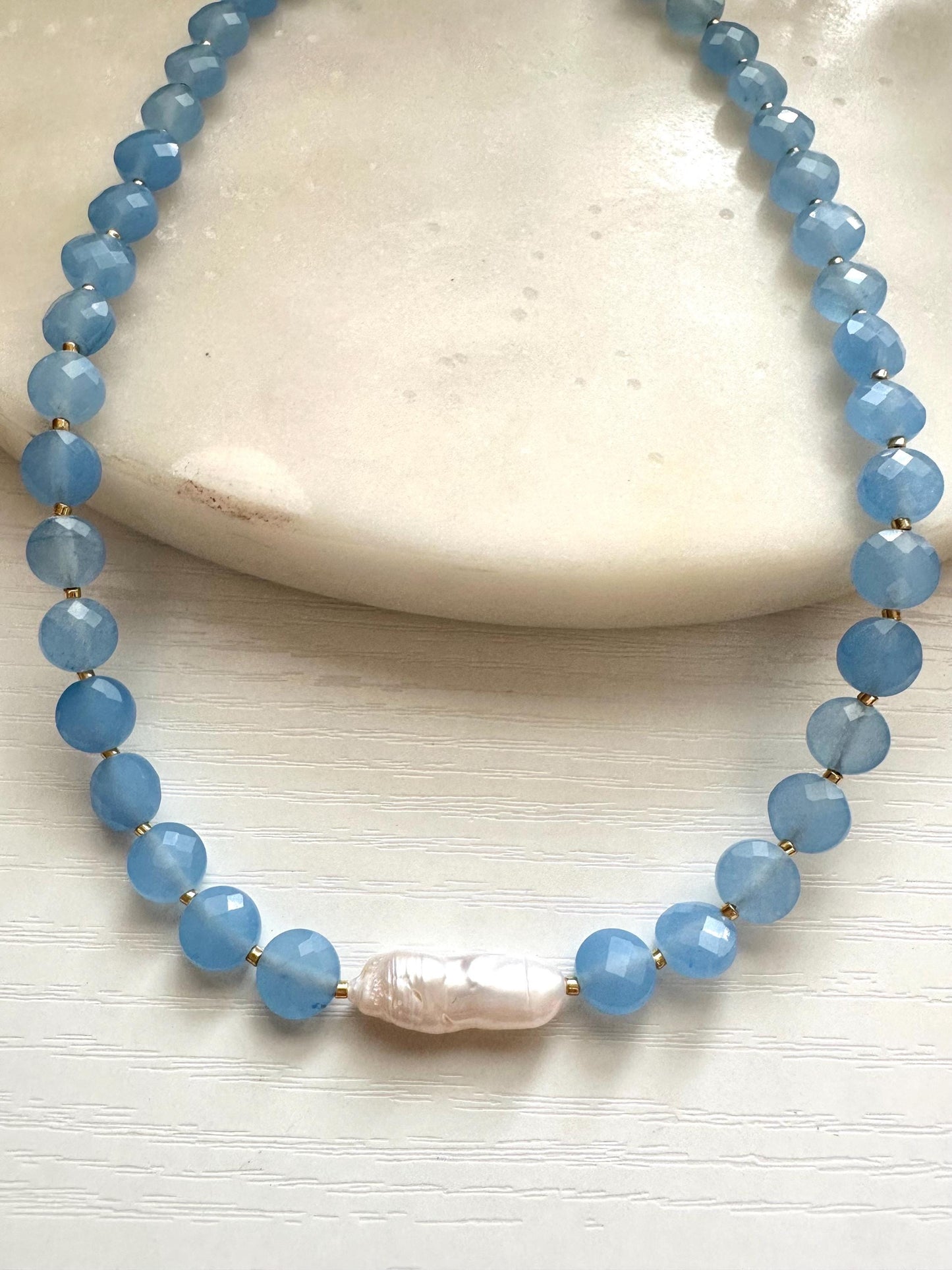 Blue Jade & Freshwater Biwa Pearl Necklace, Blue Gemstone Necklace, Pearl Statement Necklace
