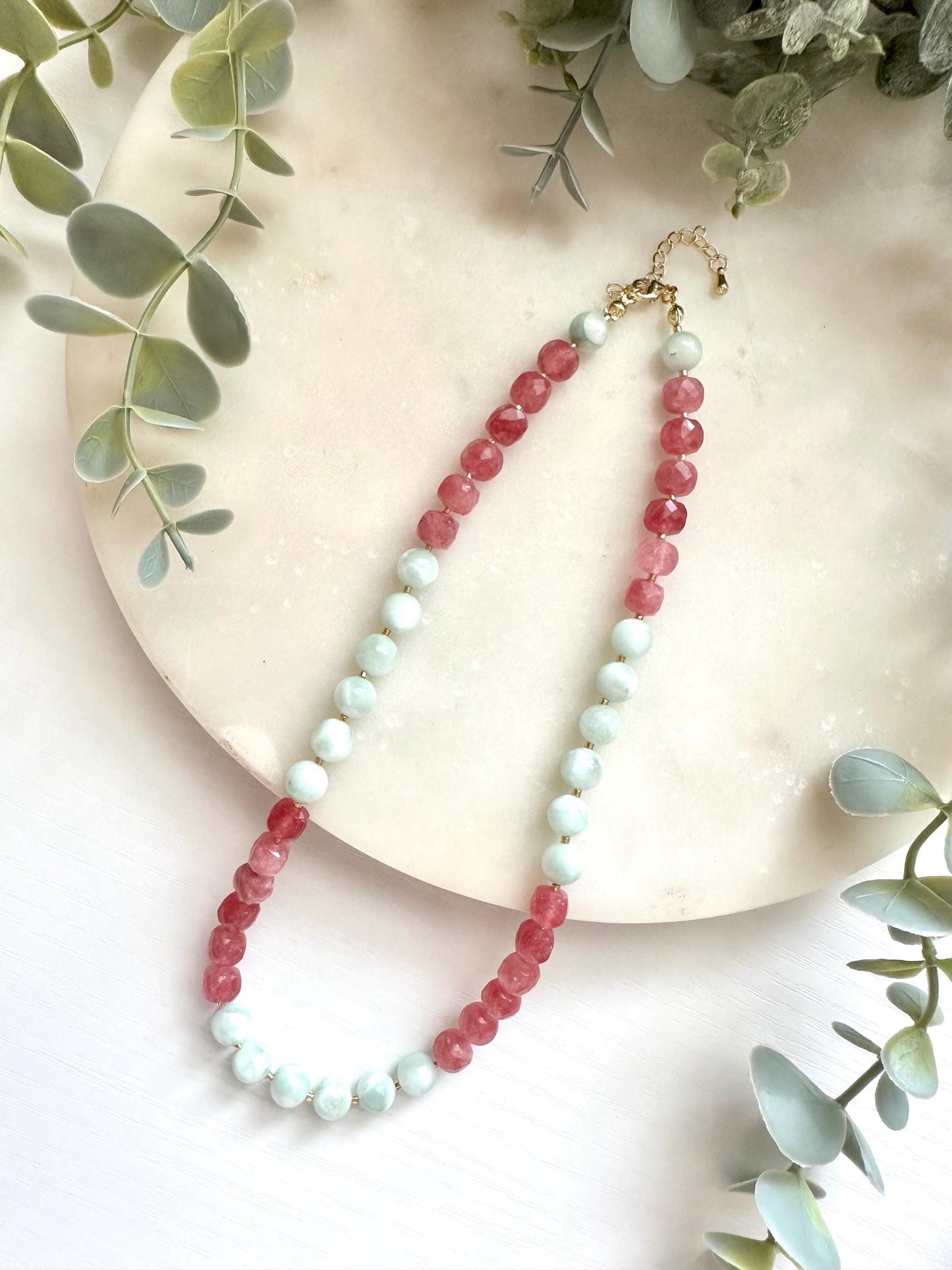 Green Moonstone & Strawberry Jade Necklace, Pink and Green Gemstone Necklace, Moonstone Jewelry