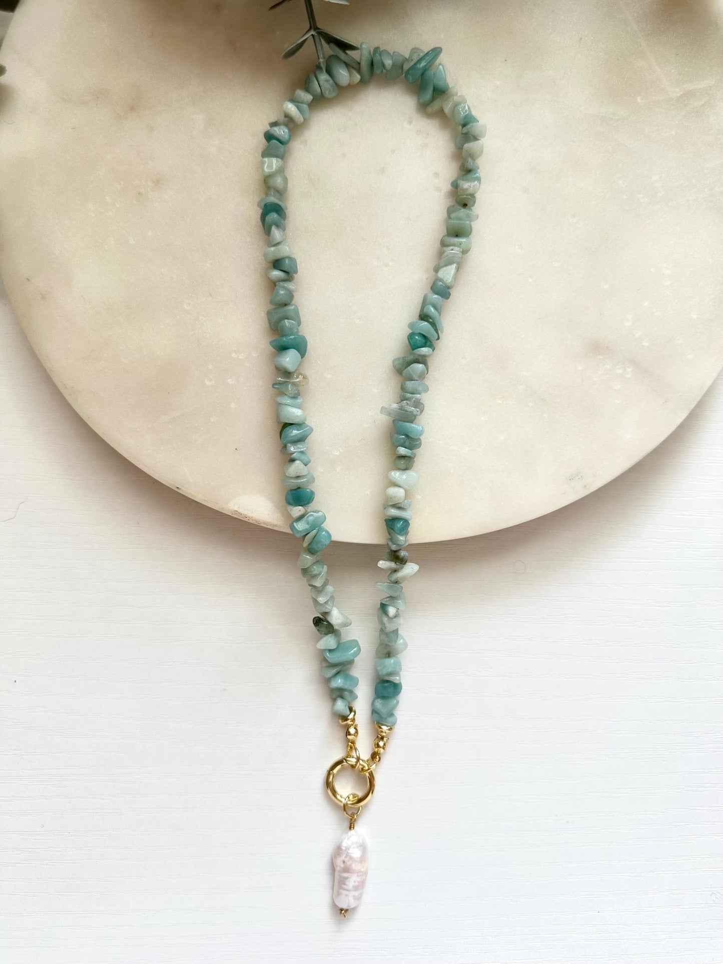 Amazonite Chip Necklace, Freshwater Pearl Necklace, Gold Filled Carabiner Necklace, Coastal Jewelry