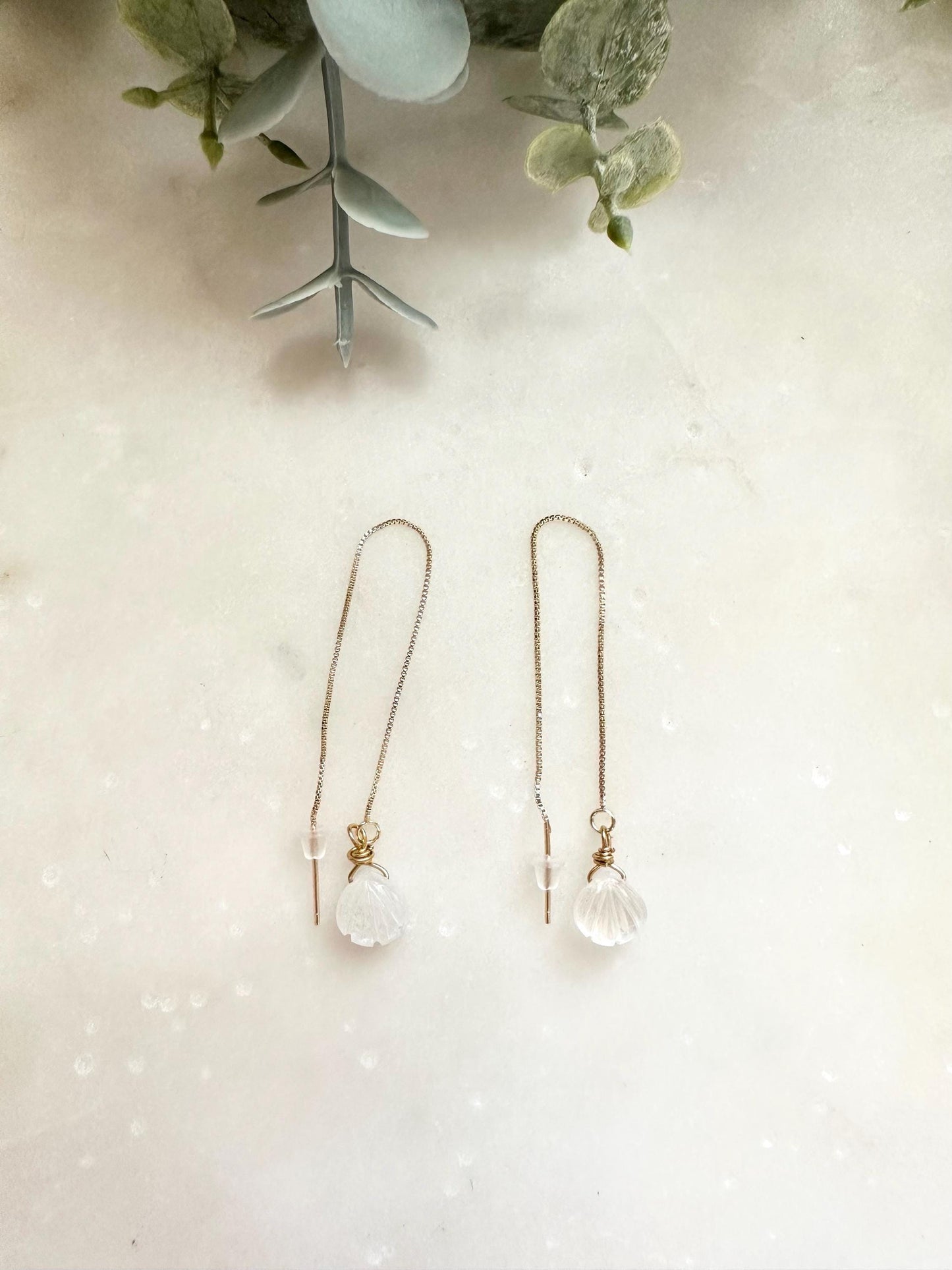Moonstone Shell Threader Earrings, Gold Filled Threader Earrings, Carved Moonstone Earrings, Dainty Drop Earrings
