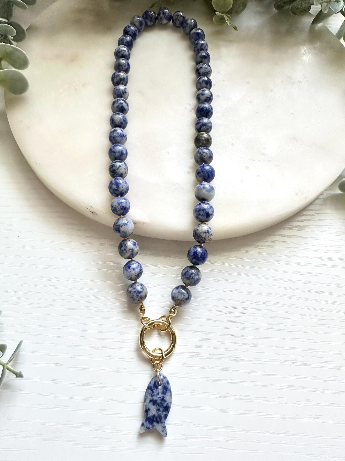 Sodalite Fish Necklace, Blue Sodalite Statement Necklace, Sodalite Beaded Necklace, Fish Charm Necklace, Handmade Gemstone Jewelry