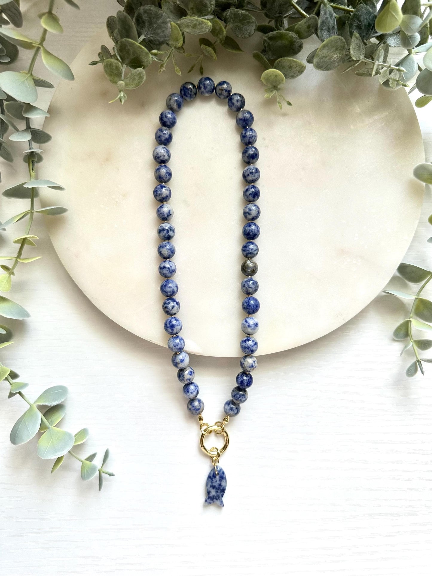 Sodalite Fish Necklace, Blue Sodalite Statement Necklace, Sodalite Beaded Necklace, Fish Charm Necklace, Handmade Gemstone Jewelry