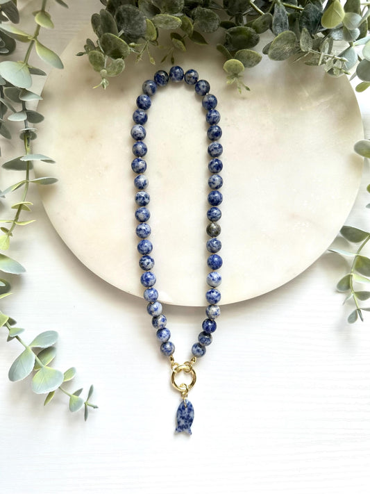 Sodalite Fish Necklace, Blue Sodalite Statement Necklace, Sodalite Beaded Necklace, Fish Charm Necklace, Handmade Gemstone Jewelry