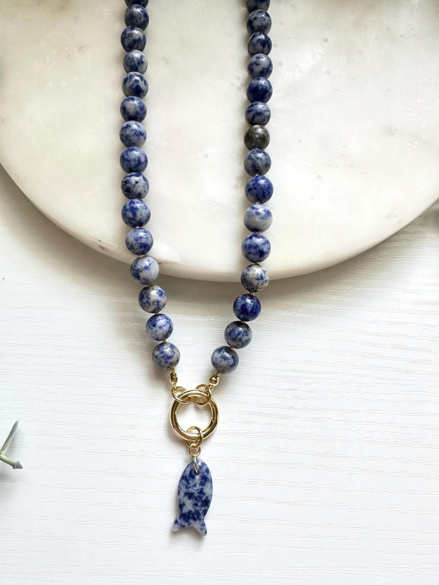 Sodalite Fish Necklace, Blue Sodalite Statement Necklace, Sodalite Beaded Necklace, Fish Charm Necklace, Handmade Gemstone Jewelry