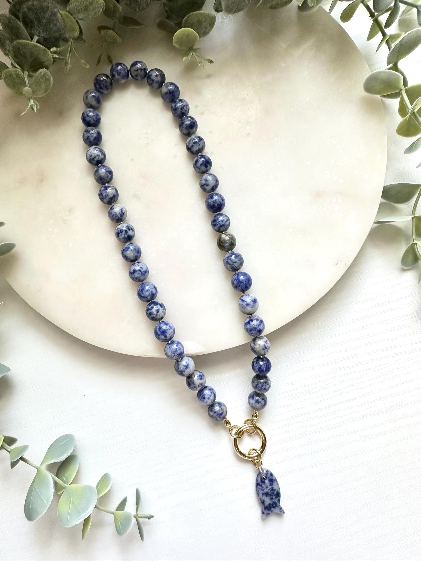 Sodalite Fish Necklace, Blue Sodalite Statement Necklace, Sodalite Beaded Necklace, Fish Charm Necklace, Handmade Gemstone Jewelry