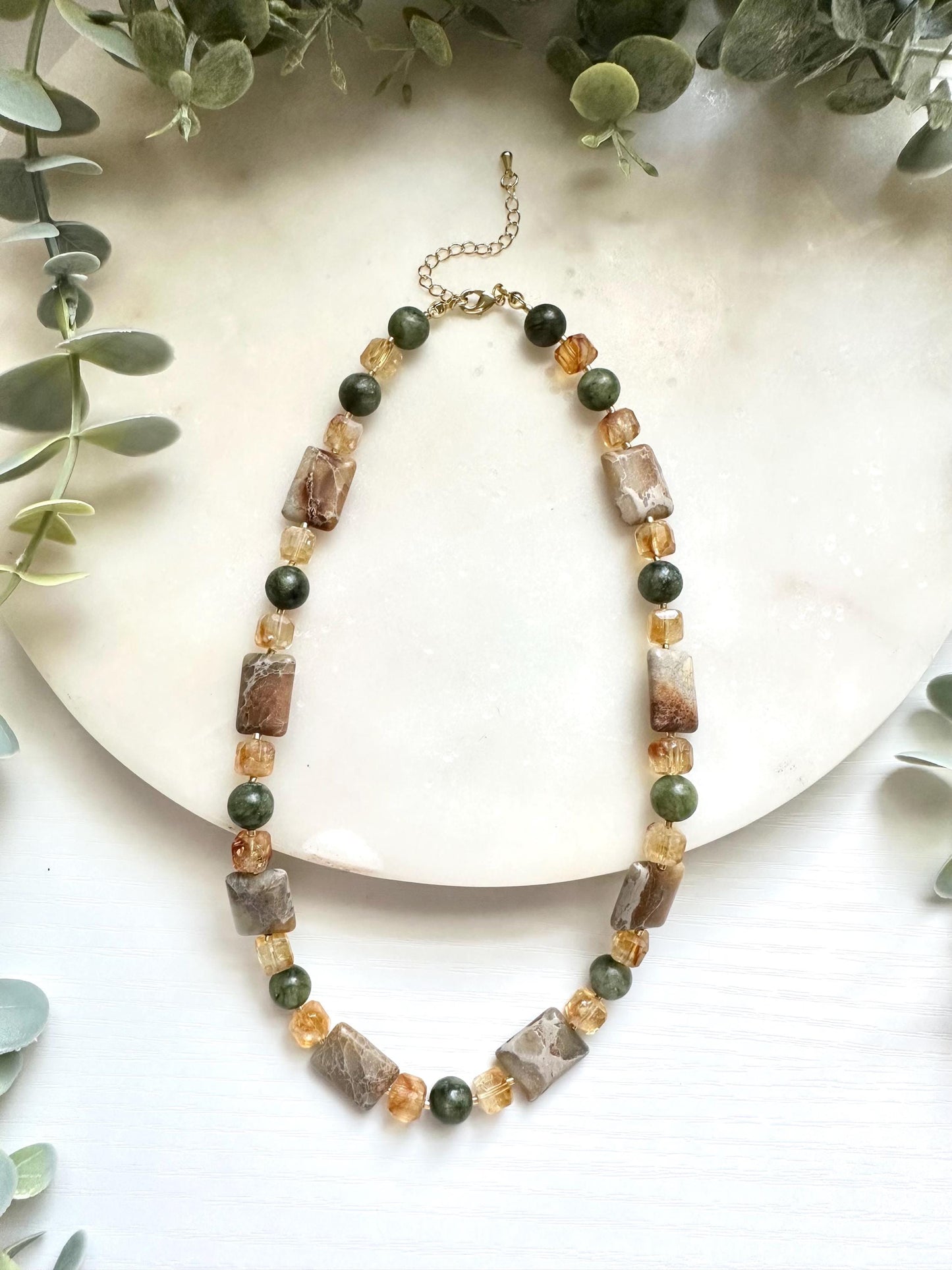 Citrine, Green Jade & Jasper Necklace, Earth Tone Gemstone Necklace, Natural Citrine Necklace, Green Jade Jewelry