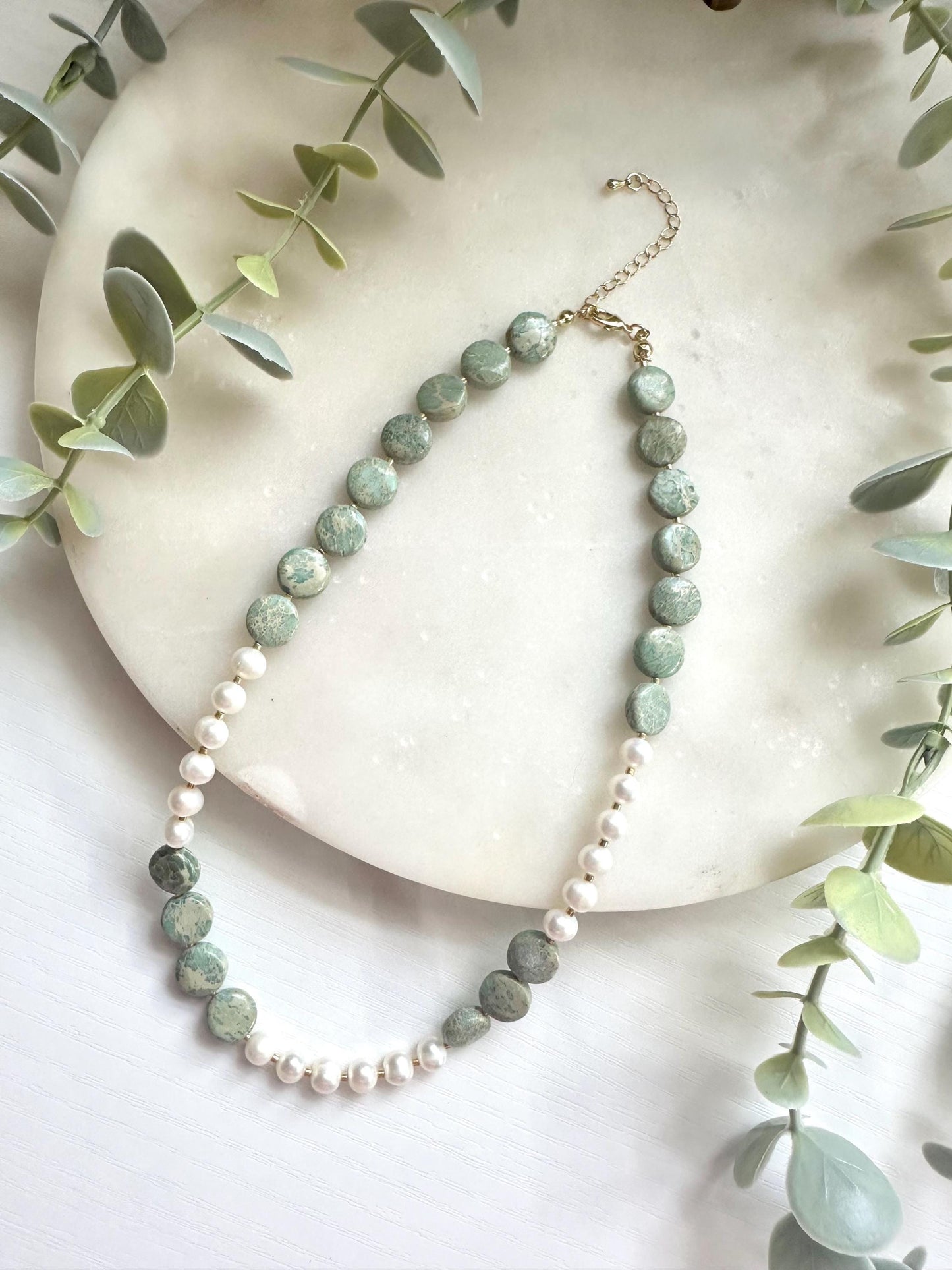 Aqua Terra Jasper and Pearl Necklace, Freshwater Pearl Necklace, Gemstone Necklace, Seafoam Green Necklace