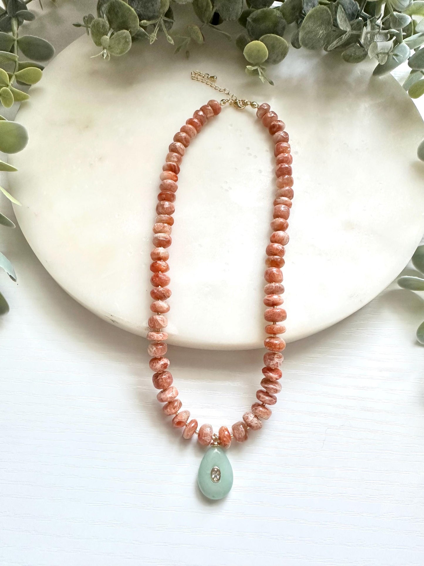 Sunstone Necklace with Jade Pendant, Peach Gemstone Necklace, Green Jade Necklace, Gemstone Necklace, Sunstone Jewelry