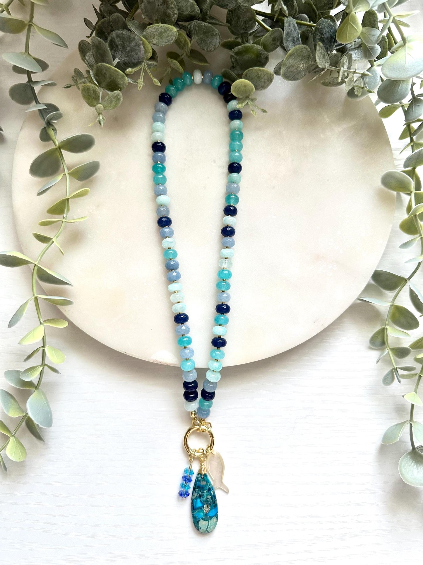Blue Jade Statement Necklace, Jasper Shell Fish Charms, Coastal Jewelry