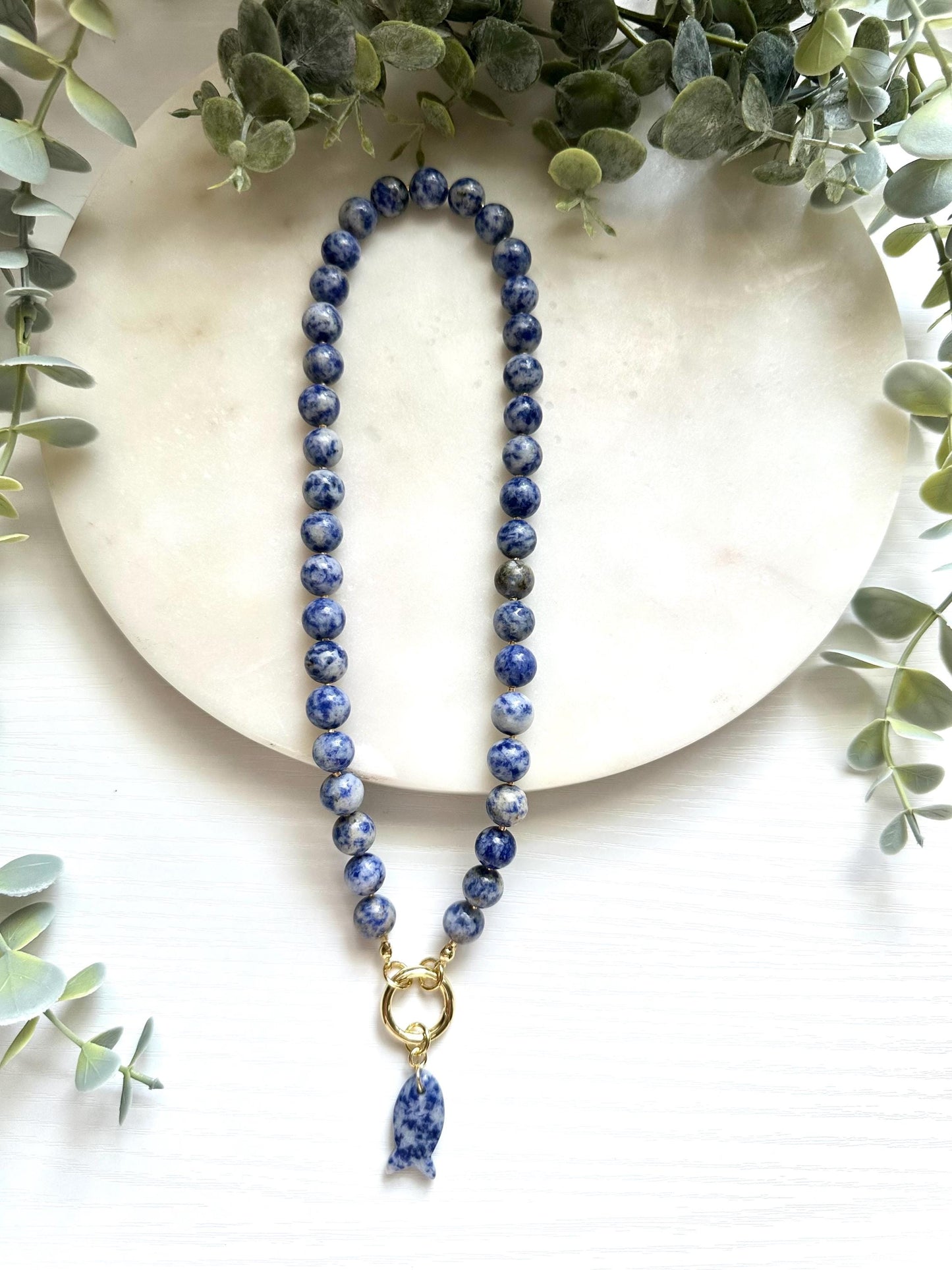 Sodalite Fish Necklace, Blue Sodalite Statement Necklace, Sodalite Beaded Necklace, Fish Charm Necklace, Handmade Gemstone Jewelry